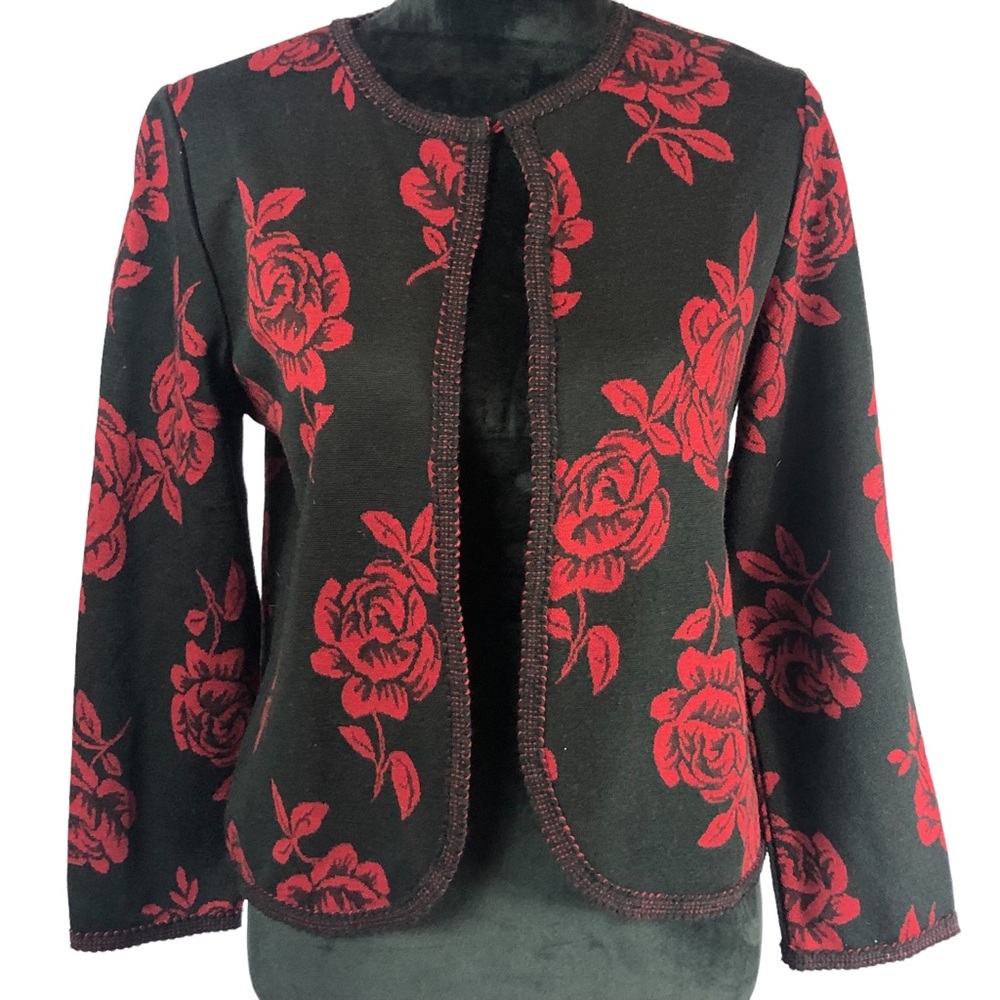 Miss Dorby Black Blazer Large Red Roses size Petite Small - Picture 2 of 10